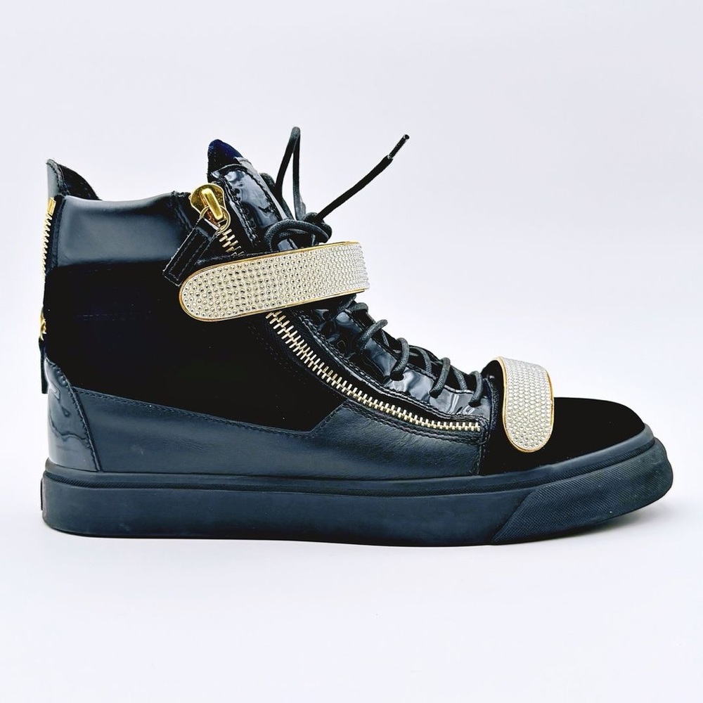 GIUSEPPE ZANOTTI Dark Blue velvet with Crystal High-Top Sneakers